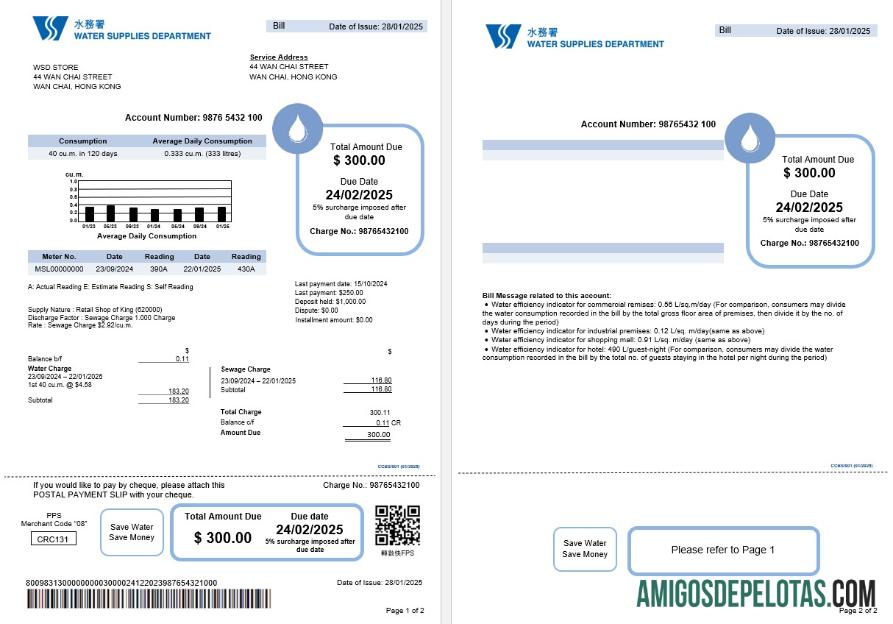 Em branco modelo editável de conta de serviços públicos do Departamento de Abastecimento de Água de Hong Kong